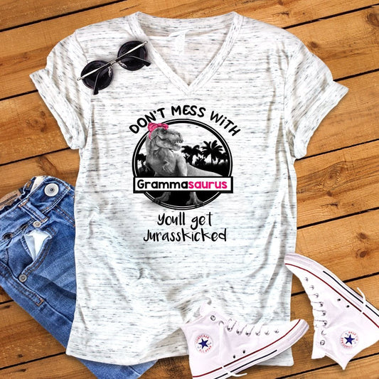Don't Mess With Grammasaurus Funny Dinosaur Grandma Shirt White Marble Unisex V Neck T-Shirt