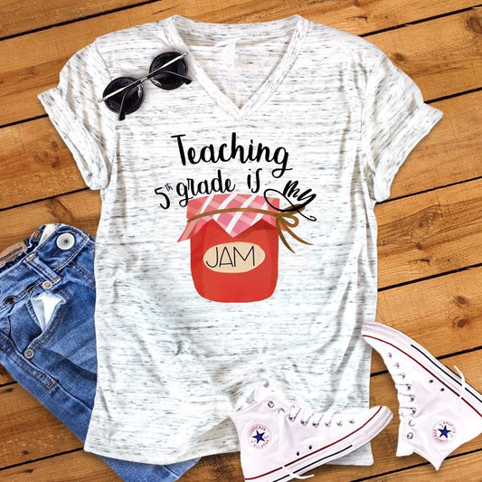 Teaching 5th grade Is My Jam Back To School Teacher Novelty Unisex V Neck Graphic Tee T-Shirt