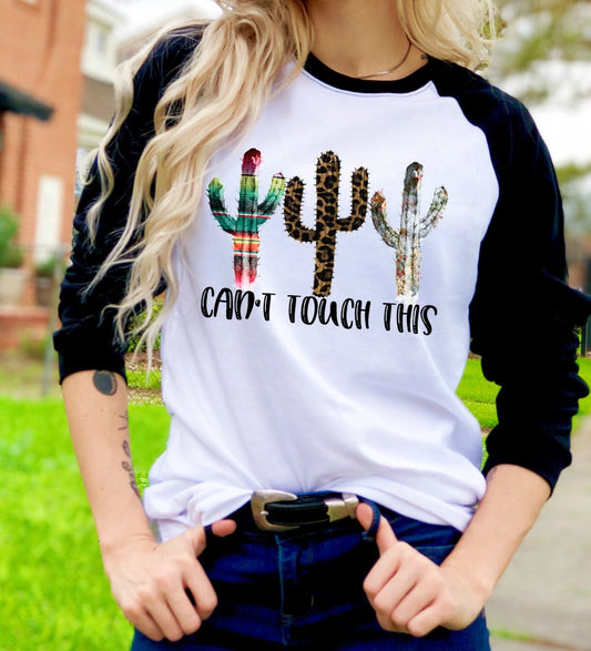Can't Touch This Funny Cactus Novelty Boho Watercolor Graphic Tee Raglan Shirt