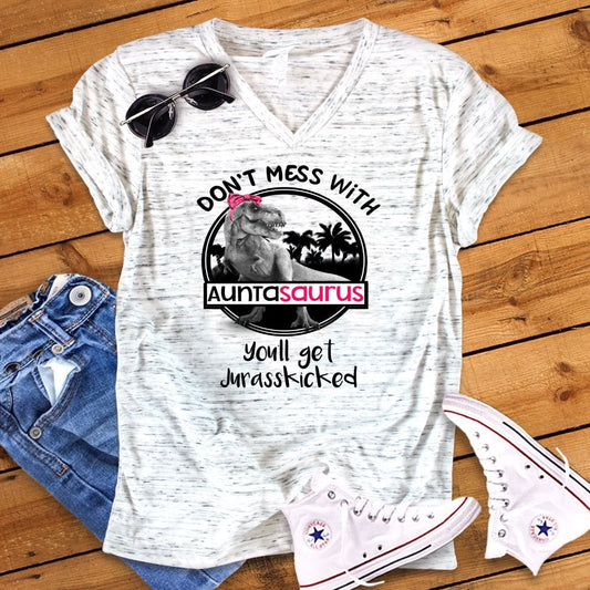 Don't Mess With Auntasaurus Funny Dinosaur Aunt Shirt White Marble Unisex V Neck T-Shirt