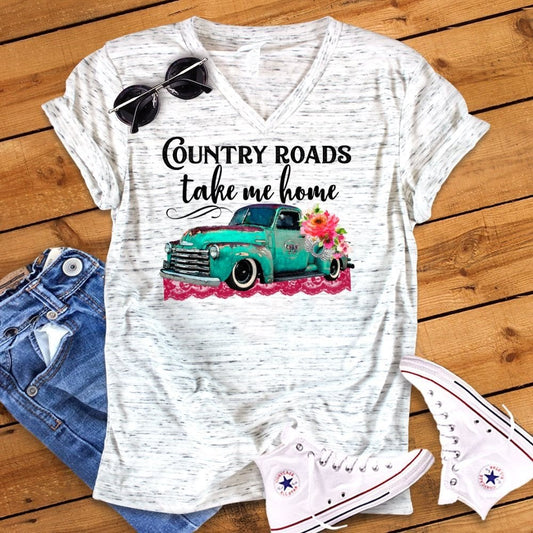 Country Roads Take Me Home, Old Vintage Truck Novelty Bella White Marble Unisex V Neck T-Shirt