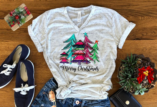 Merry Christmas Serape Trees Christmas Bella Unisex V Neck T-Shirt