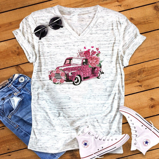 Valentines Leopard Vintage Pink Valentine's Day Truck Bella Marble Unisex V Neck T-Shirt