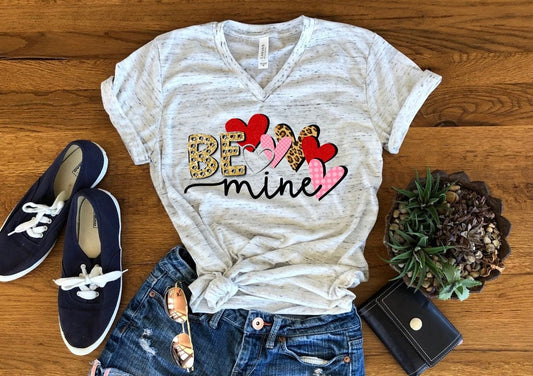Valentines Leopard Pink Be Mine Hearts Valentine's Day Bella Marble Unisex V Neck T-Shirt
