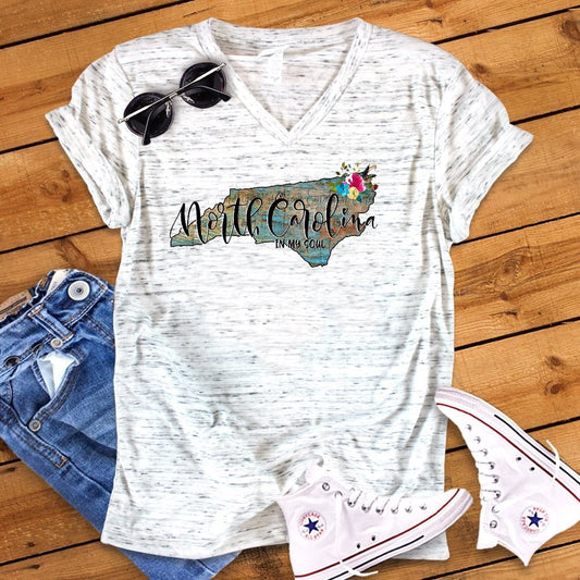 North Carolina In My Soul Floral Watercolor Unisex V Neck Graphic Tee T-Shirt