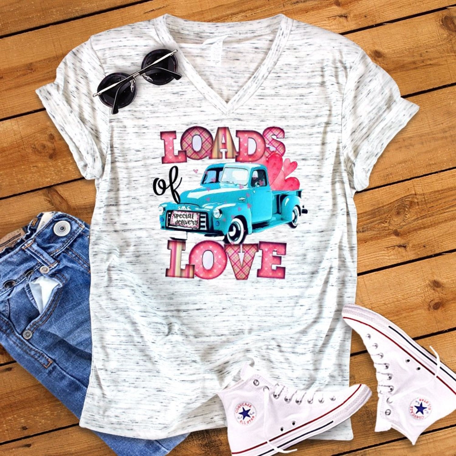 Valentines Vintage Truck Loads of Love Valentine's Day Truck Bella Marble Unisex V Neck T-Shirt