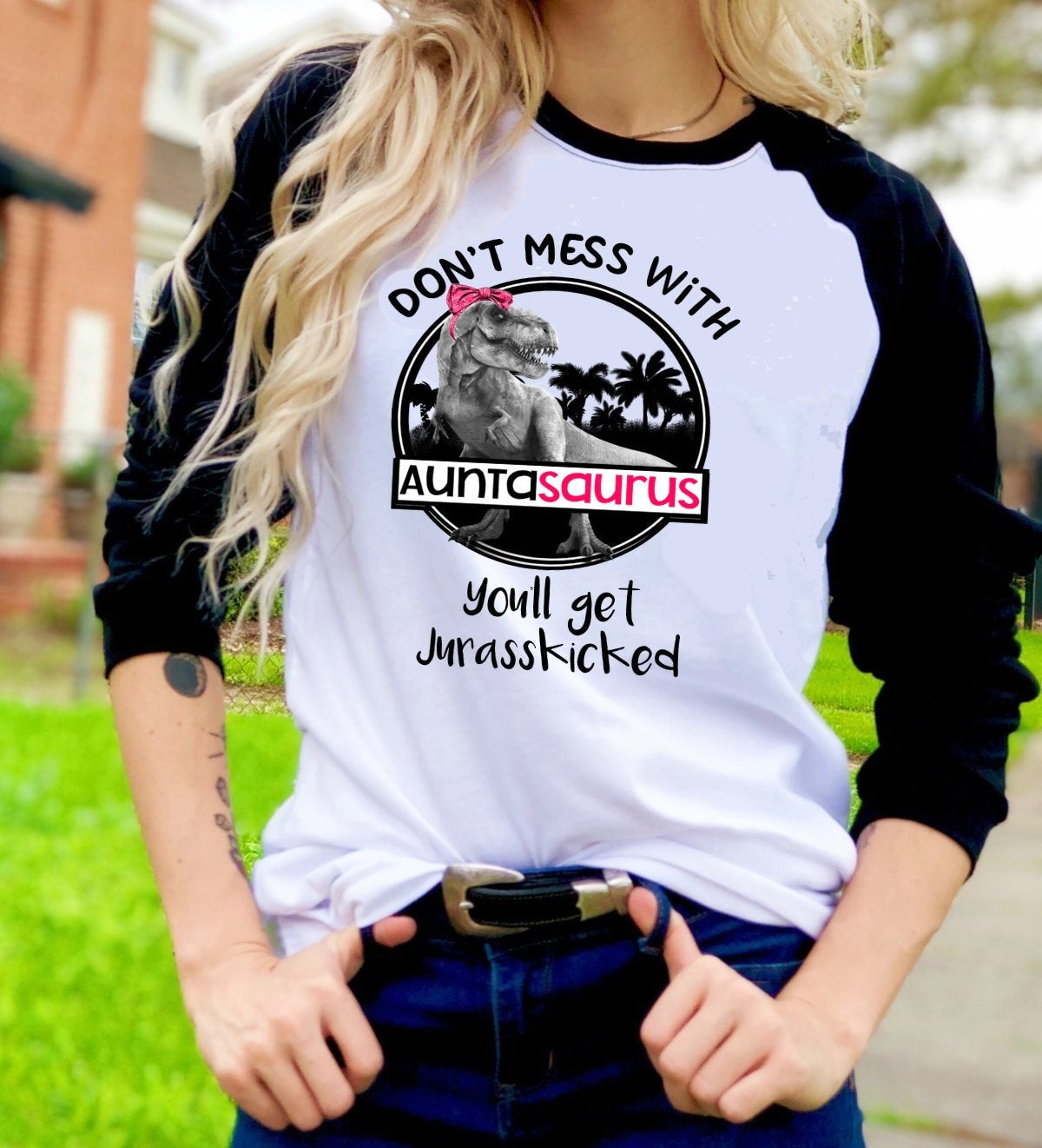 Don't Mess With Auntasaurus Funny Dinosaur Aunt Shirt Novelty Graphic Tee T-Shirt Raglan Shirt