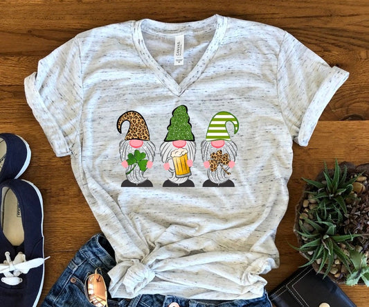 Gnomes Shamrock St Patrick's Day Fun Unisex V Neck Graphic Tee T-Shirt