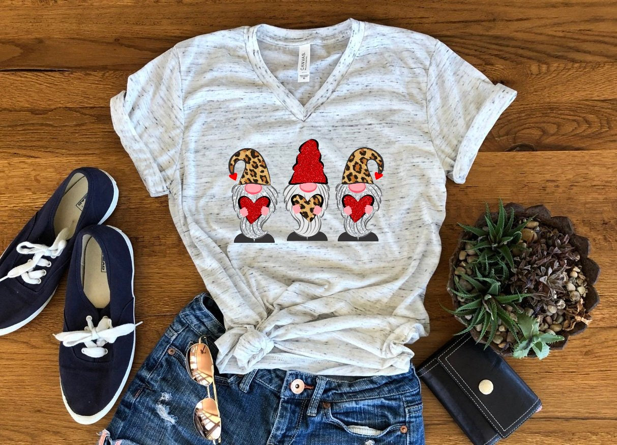 Valentines Leopard Gnomes Hearts Valentine's Day Bella Marble Unisex V Neck T-Shirt