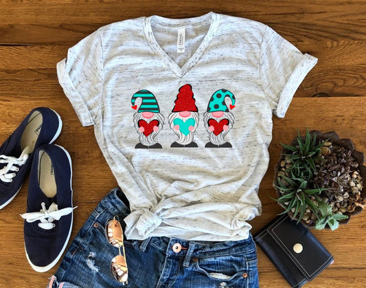 Valentines Gnomes Hearts Valentine's Day Bella Marble Unisex V Neck T-Shirt