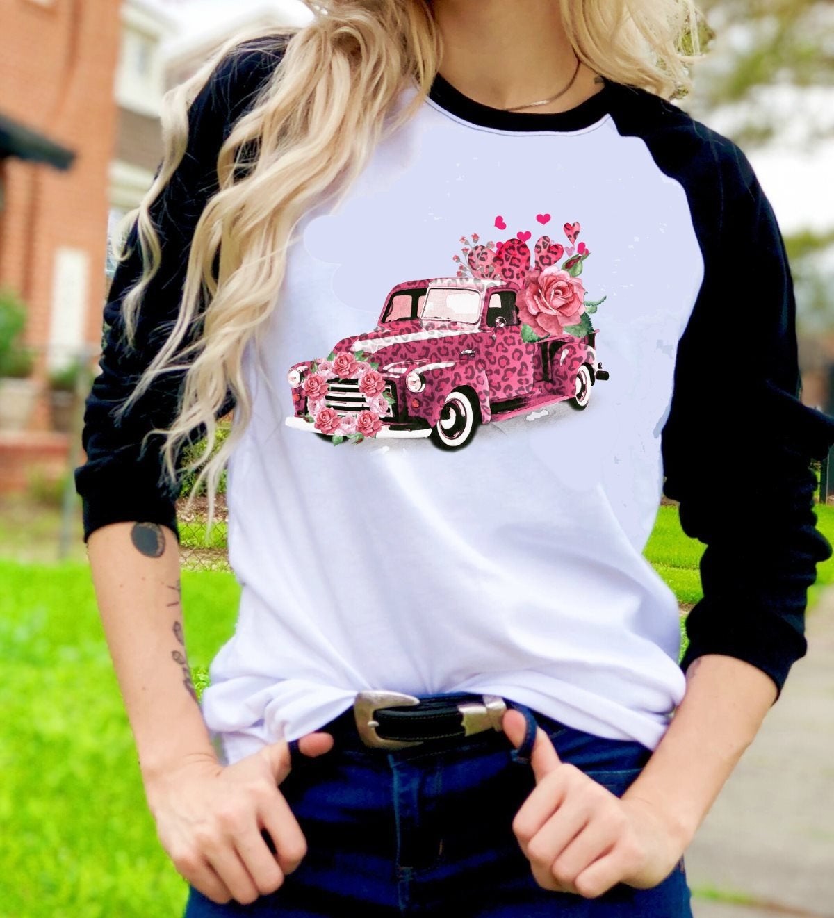 Valentines Pink Leopard Vintage Truck Hearts Valentine's Day Tee Raglan shirt