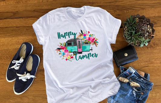 Happy Camper Camping RV Floral Watercolor Shirt Unisex White T-Shirt