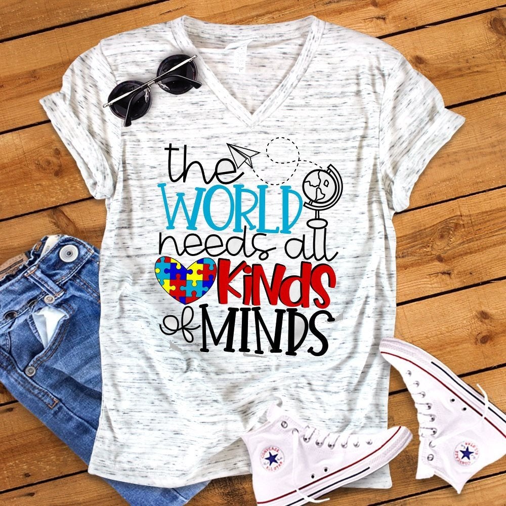 The World Needs All Kinds Of Minds Autism Awareness Unisex V Neck Graphic Tee T-Shirt