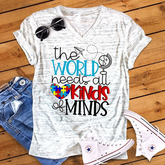 The World Needs All Kinds Of Minds Autism Awareness Unisex V Neck Graphic Tee T-Shirt