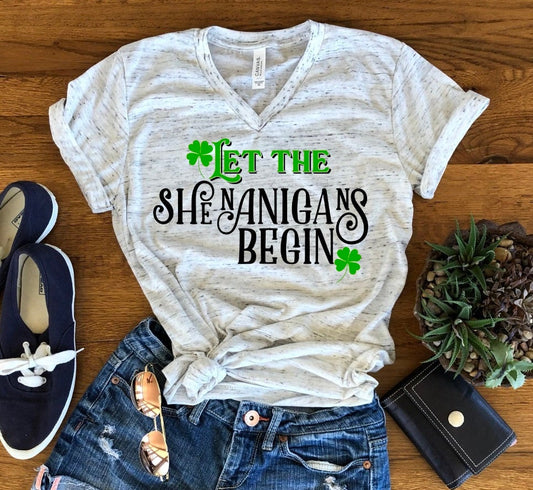 Let The Shenanigans Begin St Patrick's Day Fun Unisex V Neck Graphic Tee T-Shirt