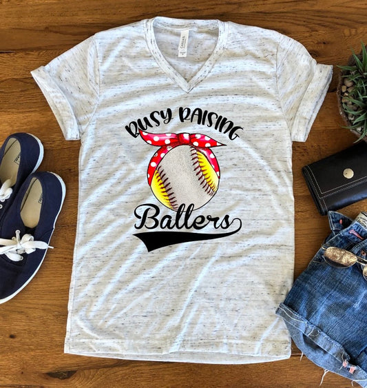 Busy Raising Baller Ballers Softball Baseball Mom Bella White Marble Unisex V Neck T-Shirt