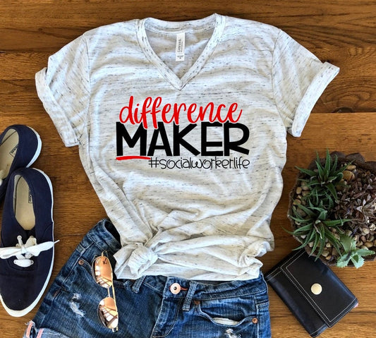 Difference Maker Social Worker Life Novelty Graphic Unisex V Neck Graphic Tee T-Shirt
