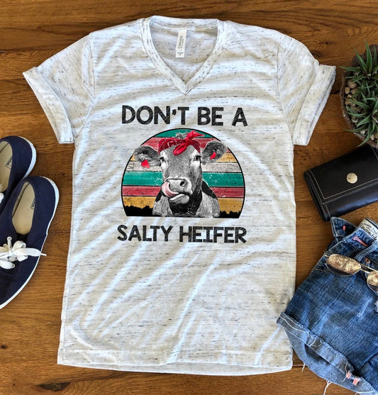 Don't Be A Salty Heifer Funny Cow Bella White Marble Unisex V Neck T-Shirt