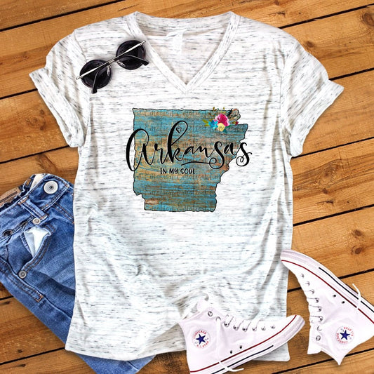 Arkansas In My Soul Floral Watercolor Unisex V Neck Graphic Tee T-Shirt