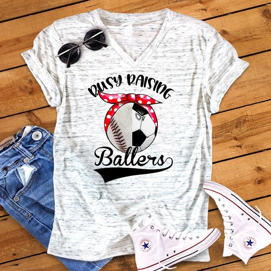 Busy Raising Baller Ballers Baeball Soccer Mom Bella White Marble Unisex V Neck T-Shirt