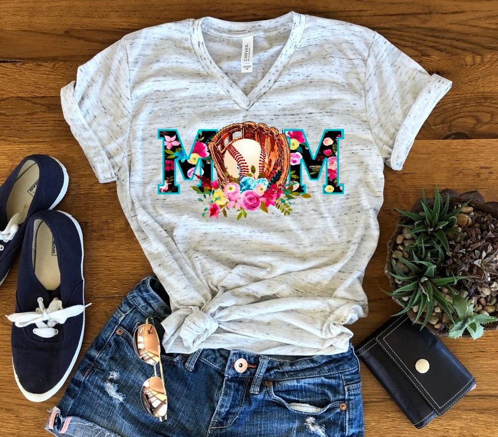 Baseball Mom Floral Mitt Watercolor Unisex V Neck Graphic Tee T-Shirt