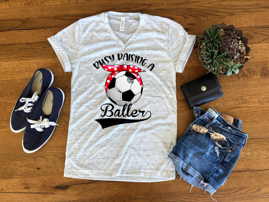 Busy Raising Baller Ballers Soccer Mom Bella White Marble Unisex V Neck T-Shirt