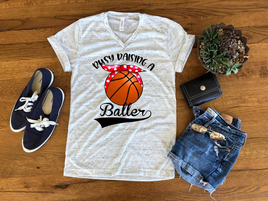 Busy Raising Baller Ballers Basketball Mom Bella White Marble Unisex V Neck T-Shirt