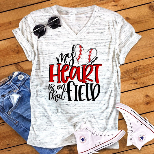 My Heart Is On The Field Baseball Mom Unisex V Neck Graphic Tee T-Shirt