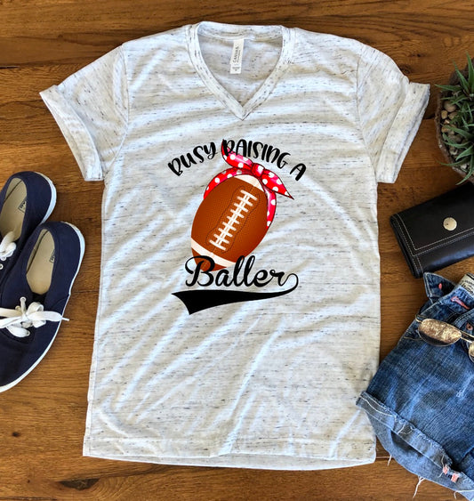 Busy Raising A Baller Football Mom Unisex V Neck Graphic Tee T-Shirt