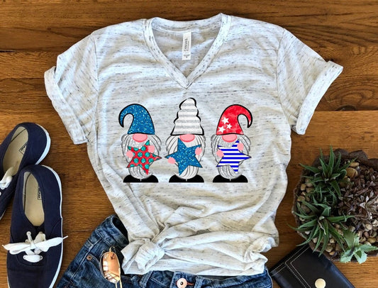 Patriotic Gnomes 4th July America Americana American Pride Bella Unisex V Neck T-Shirt