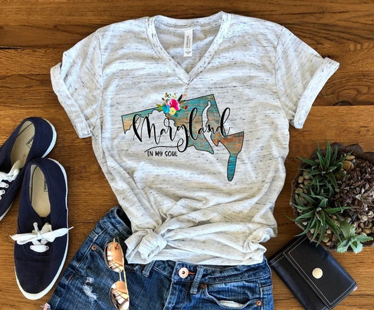 Maryland In My Soul Floral Watercolor Unisex V Neck Graphic Tee T-Shirt