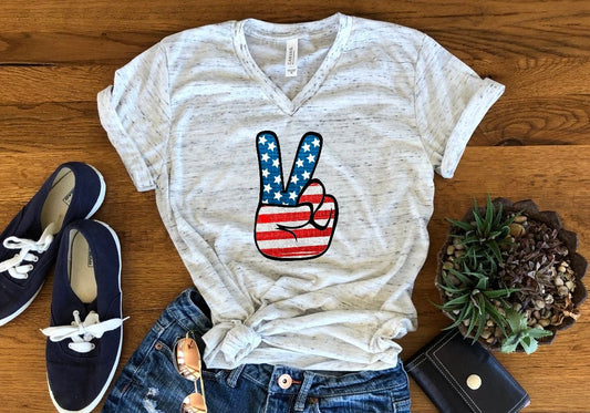 Patriotic Peace Sign 4th July America Americana American Pride Bella Unisex V Neck T-Shirt