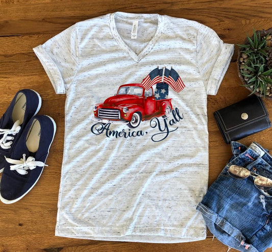 America Y'all Vintage Old Truck With Flags American Pride Unisex V Neck Graphic Tee T-Shirt