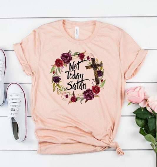 Not Today Satan Floral Wreath Watercolor Tee Novelty T-Shirt