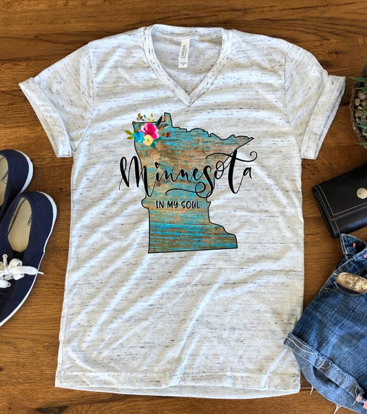 Minnesota In My Soul Floral Watercolor Unisex V Neck Graphic Tee T-Shirt