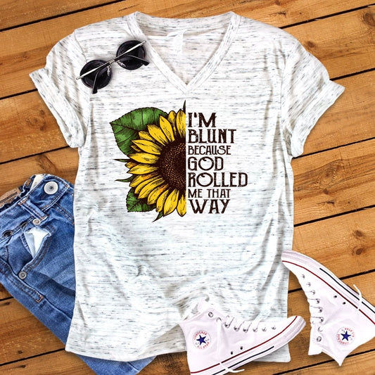 I'm Blunt God Rolled Me That Way Sunflower Funny Adult Humor Shirt White Marble Unisex V Neck T-Shirt