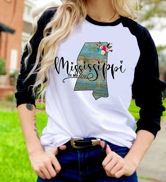 Mississippi In My Soul Floral Watercolor Unisex Raglan Graphic Tee T-Shirt