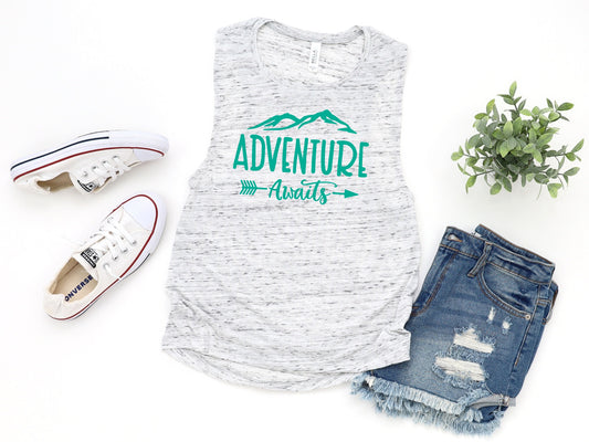 Adventure Awaits Camping Hiking Mountains Novelty Women’s Flowy Scoop Muscle Tank Shirt