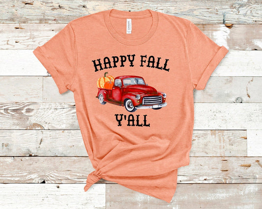 Happy Fall Y'all Pumpkin Fall Autumn Vintage Watercolor Truck Novelty T-Shirt