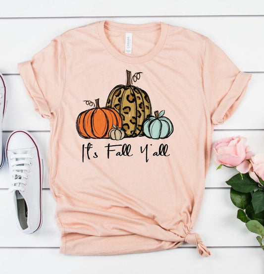 It's Fall Y'all Leopard Pumpkin Autumn Pumpkin Patch Novelty T-Shirt