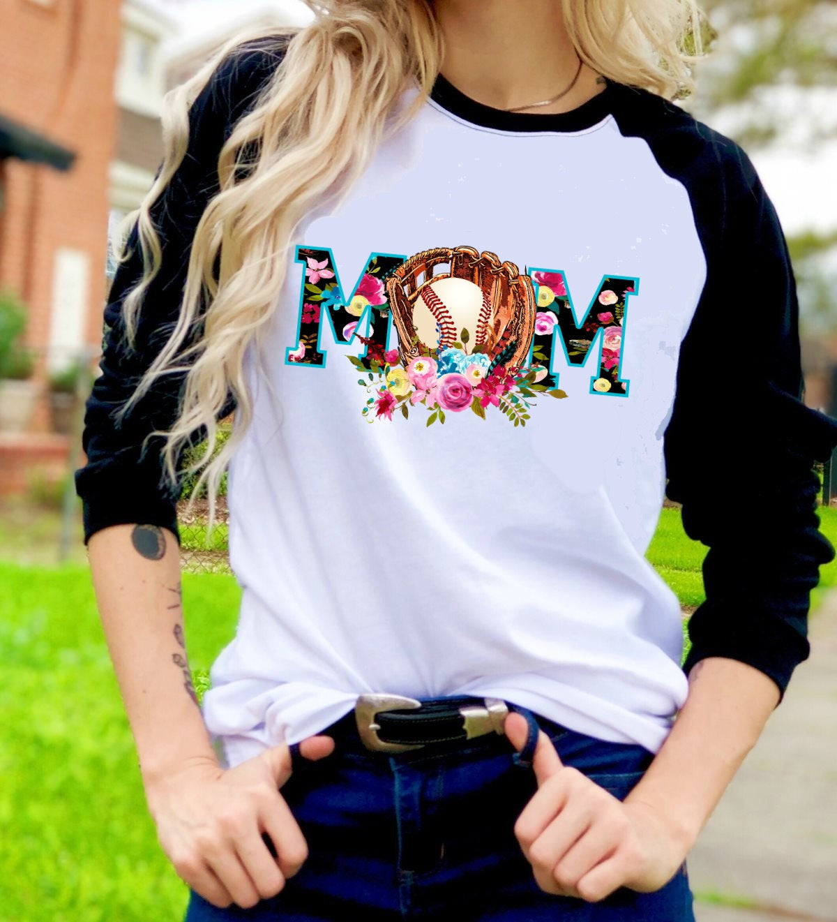 Baseball Mom Floral Watercolor Sports Mom Graphic Tee Raglan Shirt