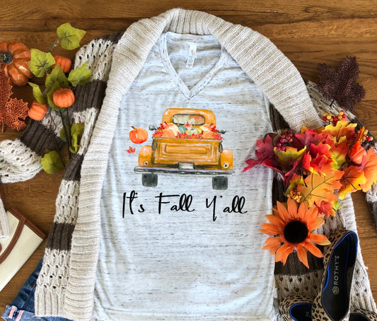 It's Fall Y'all Pumpkin Old Truck Pumpkin Patch Fall Autumn Bella Unisex V Neck T-Shirt