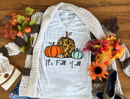 It's Fall Y'all Pumpkin Leopard Print Fall Autumn Bella Unisex V Neck T-Shirt
