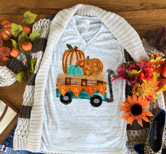 Fall Leopard Print Pumpkin Wagon Fall Autumn Bella Unisex V Neck T-Shirt
