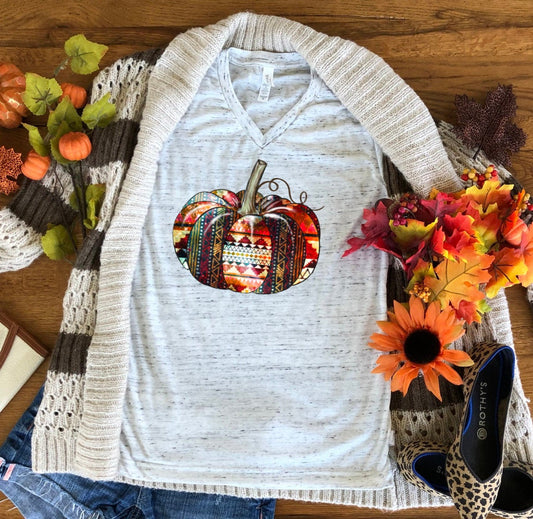 Tribal Aztec Pumpkin Serape Fall Autumn Bella Unisex V Neck T-Shirt
