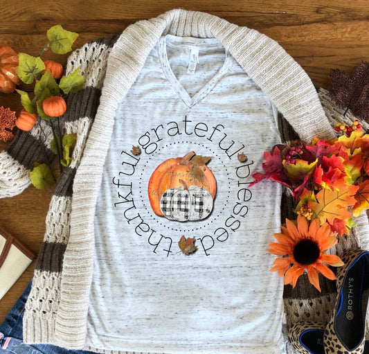 Thankful Grateful Blessed Pumpkin Fall Autumn Bella Unisex V Neck T-Shirt