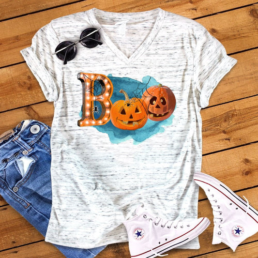 Boo Halloween Pumpkins Fall Autumn Pumpkin Patch Bella Unisex V Neck T-Shirt