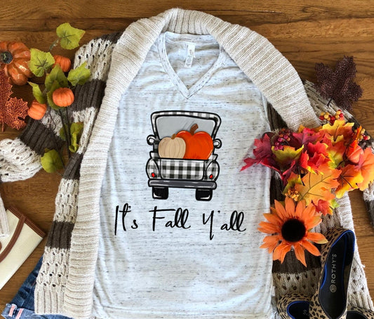 It's Fall Y'all Pumpkin Buffalo Check Truck Fall Autumn Bella Unisex V Neck T-Shirt