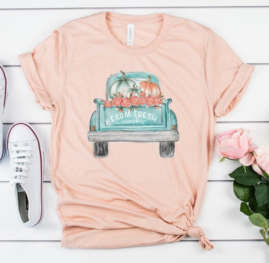 Vintage Blue Watercolor Farm Fresh Truck Fall Autumn Pumpkin Patch Novelty T-Shirt