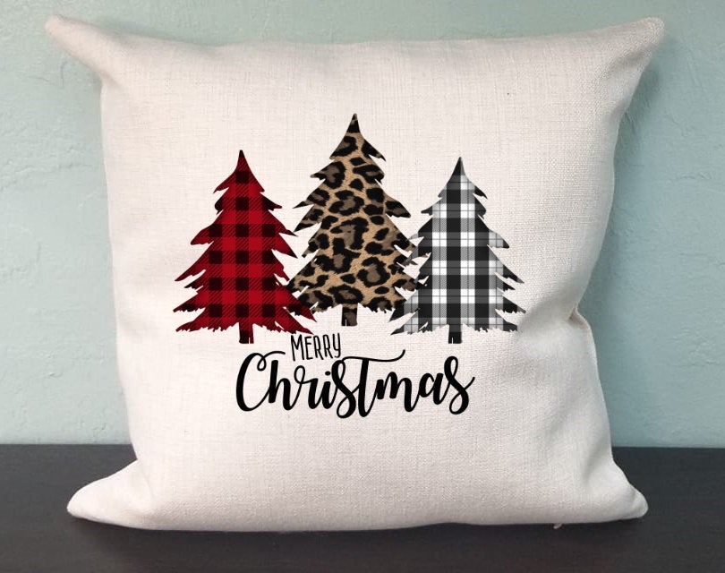 Merry Christmas Trees Christmas Pillow Cover - Buffalo Plaid Leopard Print - Christmas Decorations Farmhouse Decor Throw Pillow Cover